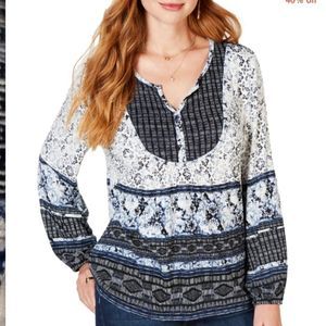 NWT Style & Co New Spring Awakens Top Mixed Print Bishop Sleeves Size L